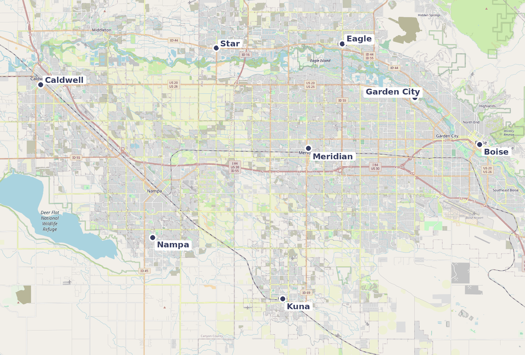 OpenStreetMap of the Treasure Valley. Caldwell, Nampa, Star, Meridian, Eagle, Kuna, Garden City, and Boise are marked. Garden City sits east of Meridian, between Meridian and Boise.